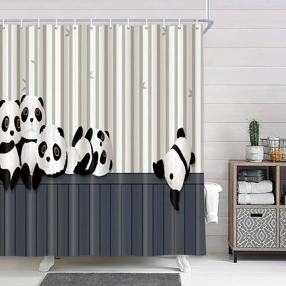 Panda Bamboo Shower Curtain, Cartoon Funny Cute Blue Sky Rainbow Kids Bamboo Forest Animals Birds, Bathroom Decorative Fabrics