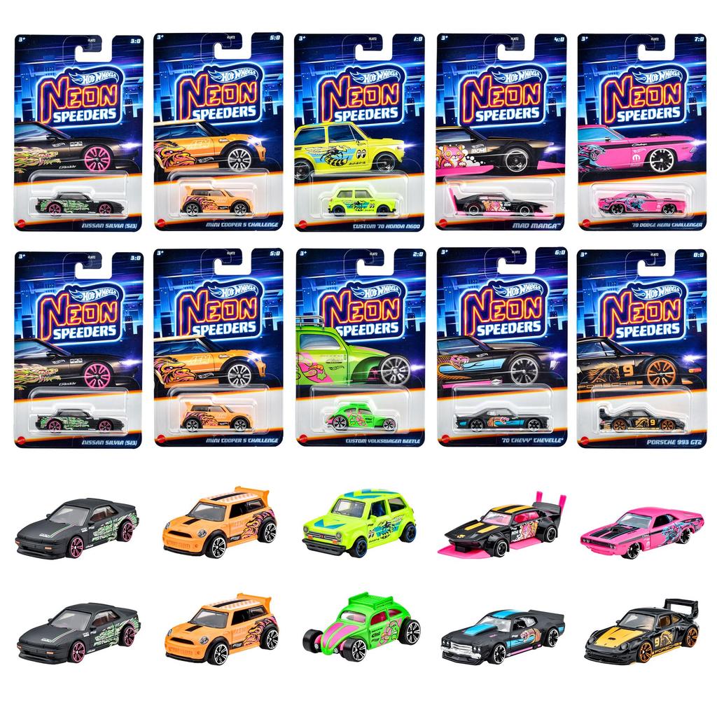 Hot Wheels Neon Speeders, sortiert, 10 Stück, BOX-Verkauf, Fahrzeugspielzeug, Mini-Auto, ab 3 Jahren, mehrfarbig, 986D-HLH72