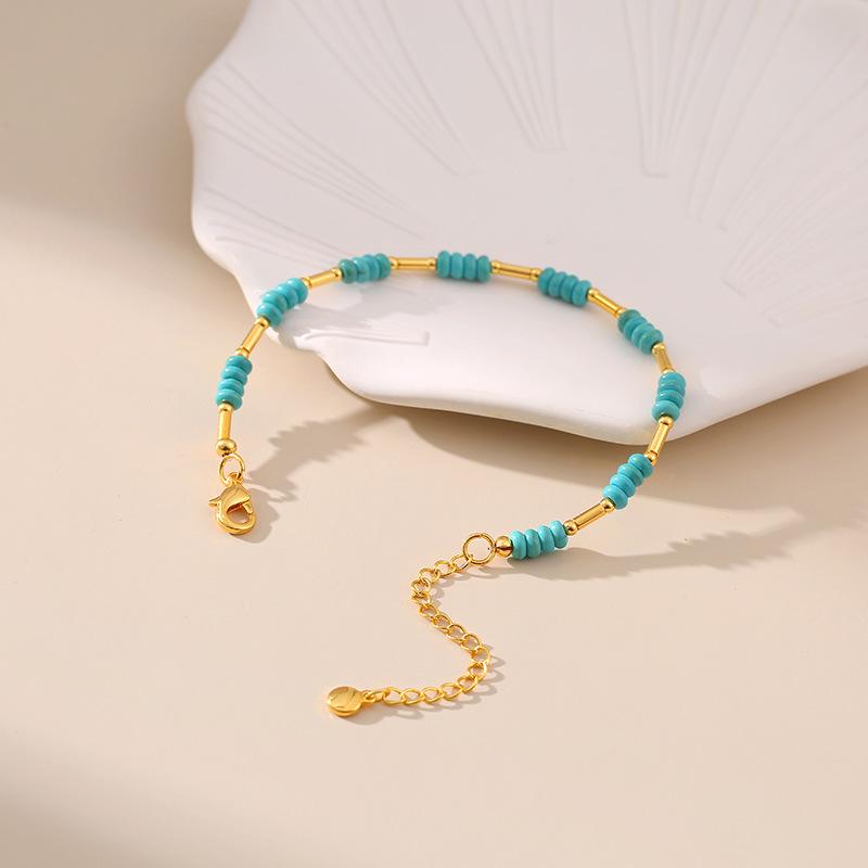 Handmade Turquoise Beaded Bracelet 18k Gold Plated Copper Tube Fashion Jewelry For Women