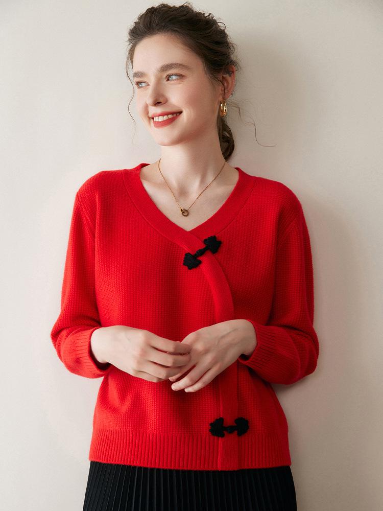 Autumn Winter Retro Ethnic Cashmere Cardigan for Women - Loose Fit Frog Button Knitwear, Fashionable Long Sleeve Sweater