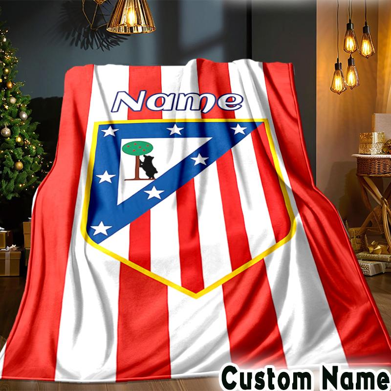 Custom Name Atletico Madrid Crest Throws Blanket Flannel Blankets for Couch Bed Gifts for Men Women Picnic blanket Christmas fan gifts