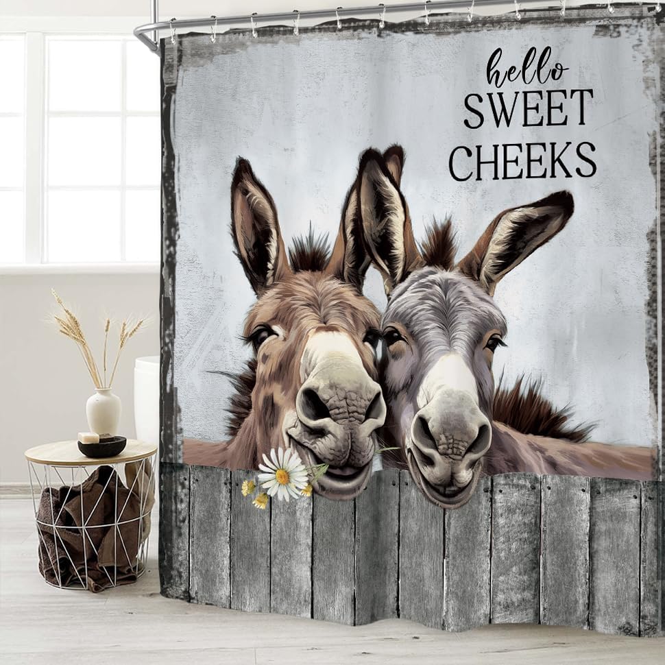 Donkey Funny Farmhouse Rustic Shower Curtain Set Sweet Cheeks Country Rural Animal Western Polyester Waterproof Cloth