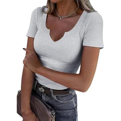 Spring and Summer Solid Color Pit Stripe Deep U-neck Top Short Sleeved Sexy Casual Fashion Women's T-shirts