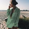 Women Shirt Lapel Buttons Placket Loose Fit Breathable Beach Cover-Up with Lace-Up Front Long Sleeve Sun Protection Shirt