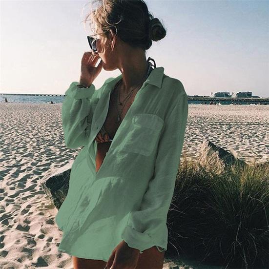 Women Shirt Lapel Buttons Placket Loose Fit Breathable Beach Cover-Up with Lace-Up Front Long Sleeve Sun Protection Shirt