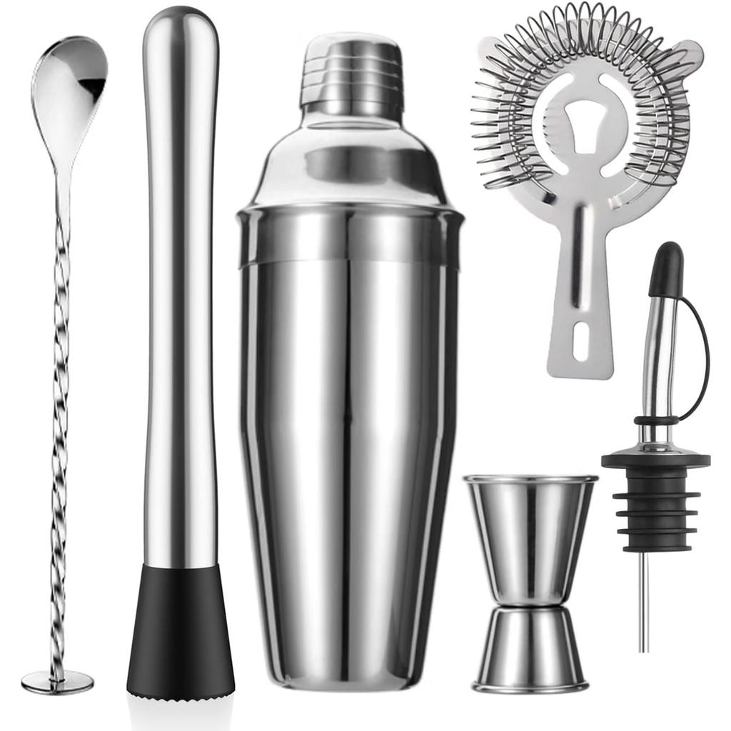 6-Piece Cocktail Shaker Set 24oz Shaker Strainer Muddler Jigger Mixing Spoon Pour Spout Bartender Kit Stainless Steel Bar Set Housewarming Gift