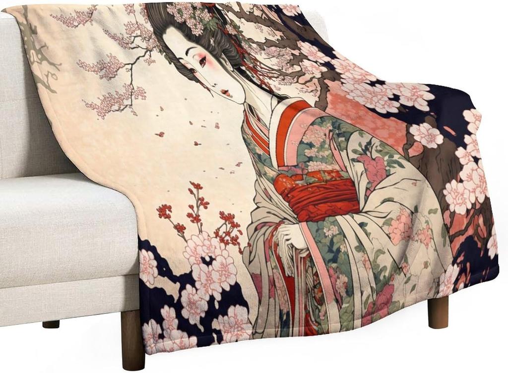 GUOYU Blanket Japanese Bedding Fleece BlanketRetro Beautiful Flower Japan Geisha Cherry Blossoms Flannel Soft Warm Microplush Lightweight