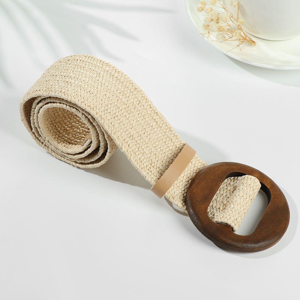 Casual Braided Bohemian Elastic Waistbelt Straw Belt Wooden Buckle