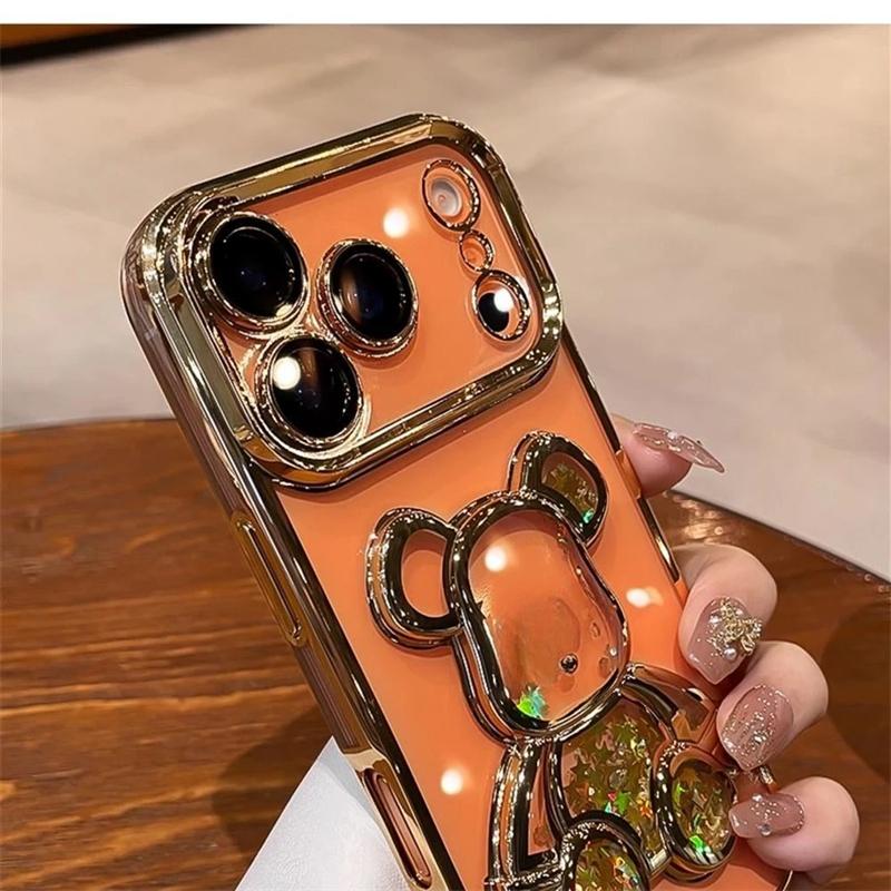 Niedliche Vergoldung Treibsand Bärenhülle für iPhone 17 16 15 14 13 12 11 Pro Max Plus Air Luxus Glitzer Bling Kameraschutzhülle