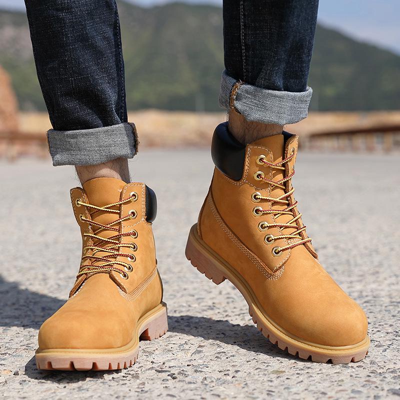 Unisex Yellow High-Top Waterproof Martin Boots – Trendy Autumn/Winter Cowhide Workwear for Couples
