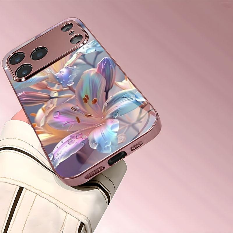 Colorful Lily Pattern Metallic Tempered Glass Phone Case For iPhone 17 16 15 14 13 12 11 Pro Max 15 Plus 17 Air 17E Cover
