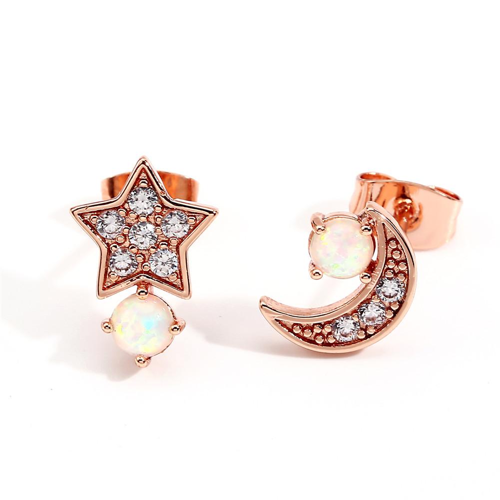 

Sweet Star Moon Micro Inlaid White Diamond Belt Asymmetric Earstuds Mini Simple and Cool Ear Bone Earrings
