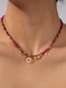 Hot Ruby Colored Natural Stone Bead Necklace with Stainless Steel Pendant for Women, Suitable for Beach Parties