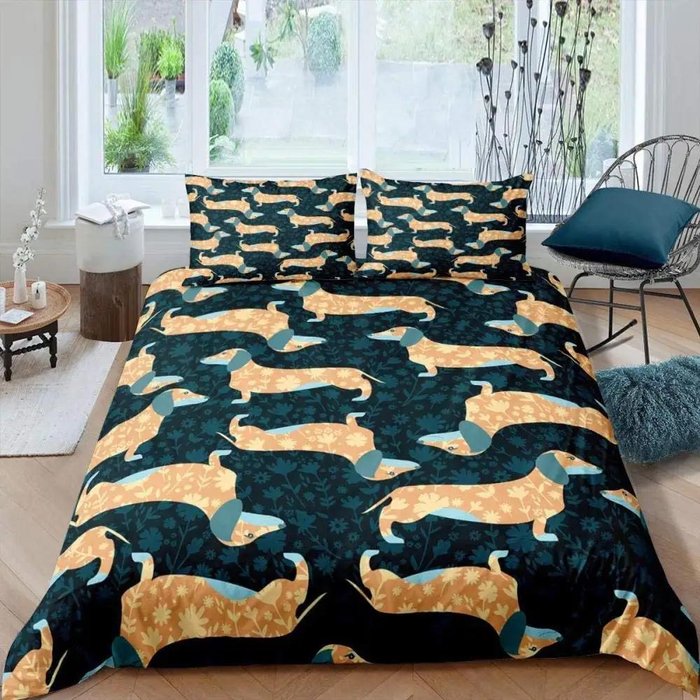 Cartoon Dachshund Bedding Set Cute Sausage Dog Duvet Cover Set Pet Puppy Printed Comforter Cover Animal Polyester Quilt Cover