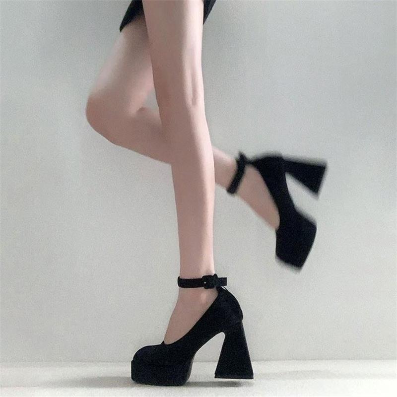 Spring 2024 Thick Heel Light Mouth Korean Version Mary Jane Shoes Black Square Head High Heels Solid Color Buckle Suede Women's Shoes
