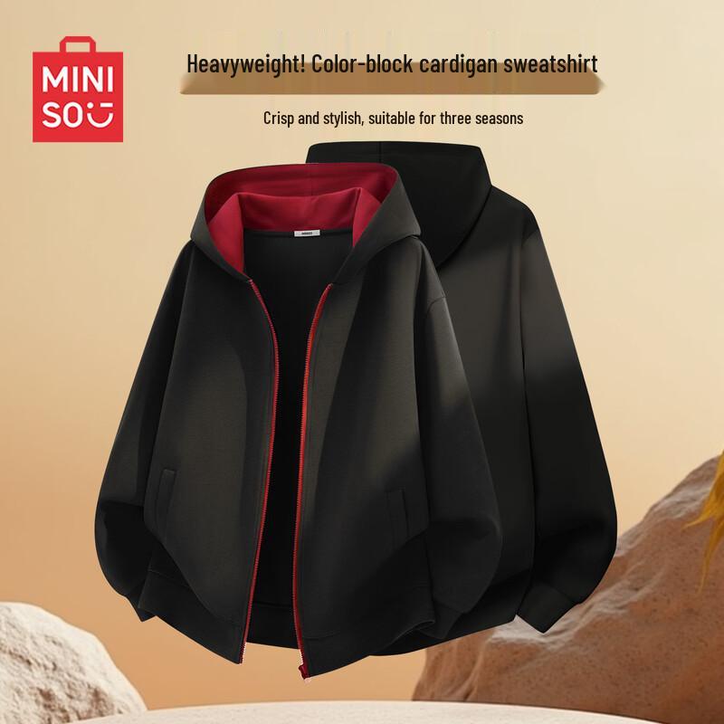 MINISO Men's Heavyweight Color-block Hooded Zip Sweatshirt