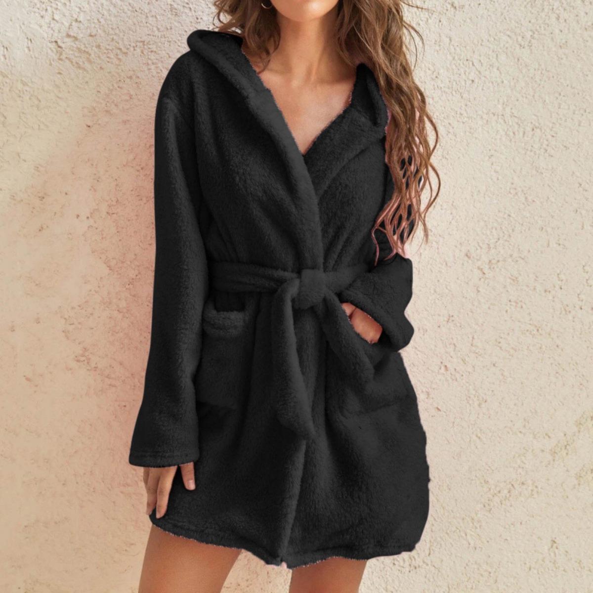Herbst und Winter Kapuzen-Hausplüsch-Pyjama Kurzärmlig Einfarbig Warm, Nachthemd L schwarz