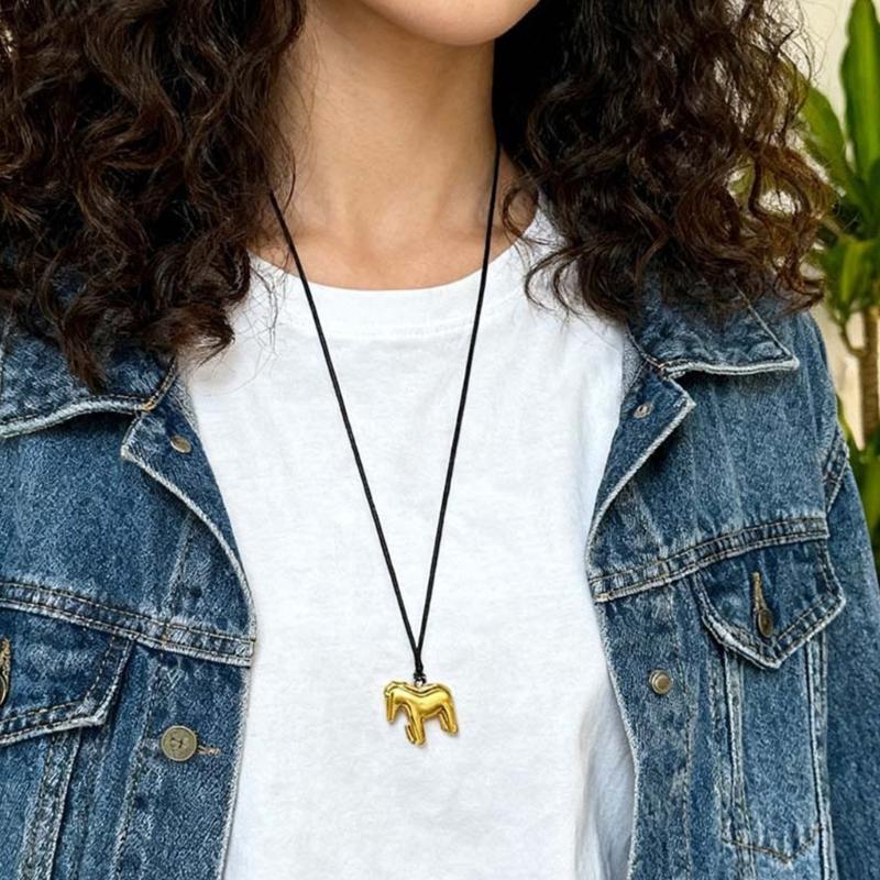 Soft Leather Cord Necklace Featuring Detailed Horse Charm Fashionable for Women
