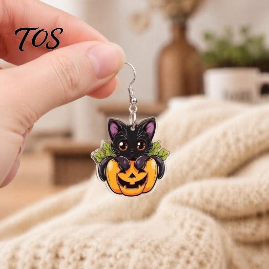 Cute Pumpkin Dangle Earrings Halloween Black Cat Earrings, Cartoon Animal Drop Jewelry Polished Smooth Edge for Women Girls, Novelty Holiday