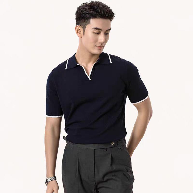 

Korean Version Summer Short Sleeve Contrast Color Edge Light Luxury Knitted Shirt Skin-Friendly Fabric Small Fragrance Trend Men s Polo Shirt M чорний