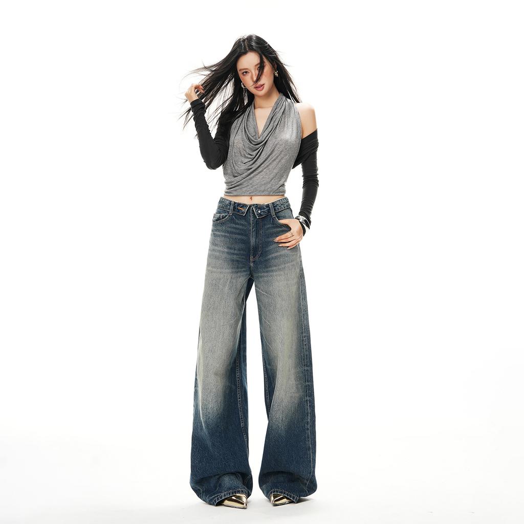 Women's Mid Rise Wide Leg Jeans Loose Denim Pants Vintage Washed Non-Stretch Casual Trousers For Streetwear Daily Wear