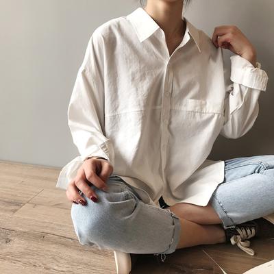 Korea Harajuku Loose Shirt Casual Long-sleeved Simple Loose White Shirt  Lapel Retro Top