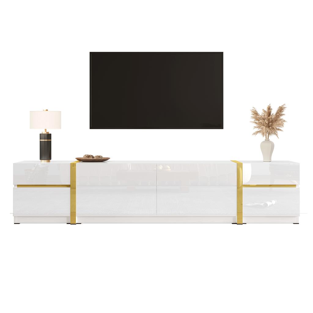 Luxurious TV Stand, High-Gloss Finish, Gold-Colored Edges, With Drawers and Doors, Modern Style, Provides a lot of Storage Space for the Living Room