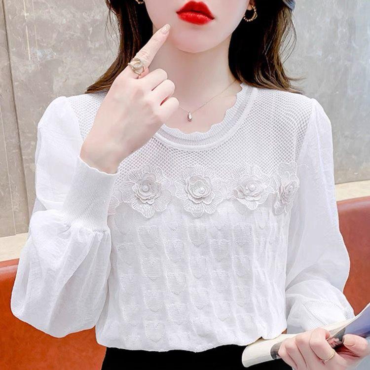 

New Spring and Autumn Collection of Women s Round-neck Floral Long-sleeved Shirts with A Sense of Design one size білий