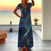 Women Plus Size V Neck Short Sleeve Maxi Dress Black Beige Brown Geometric Block Print Loose Long Dress