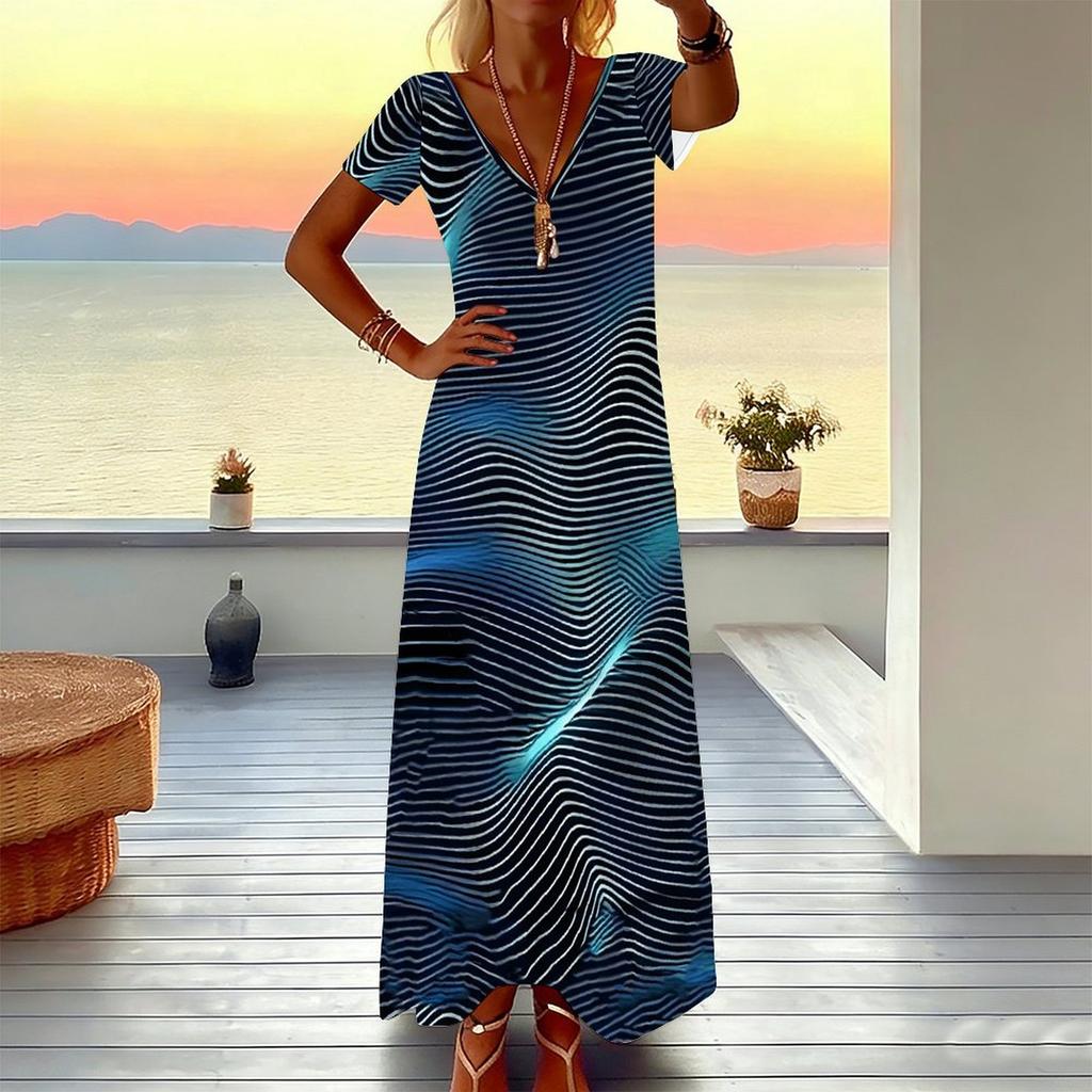 Women Plus Size V Neck Short Sleeve Maxi Dress Black Beige Brown Geometric Block Print Loose Long Dress