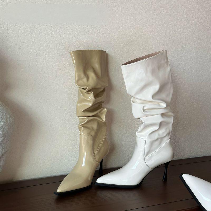Pleated thin heel essential boots pointed pile Spice girl boots heightening knight boots show long legs
