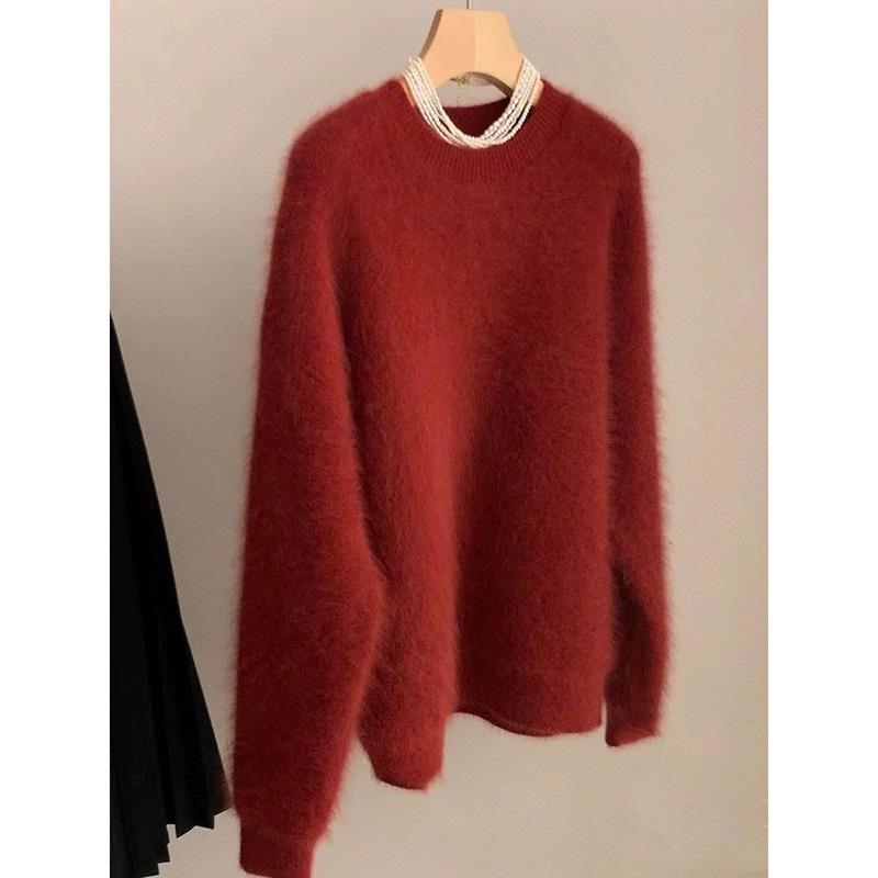 Women's Red Mink Velvet Thick Winter Sweater – Round Neck Loose Knit Pullover