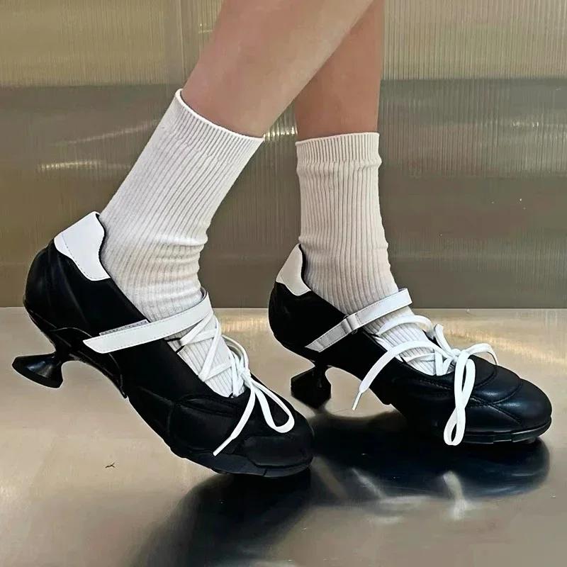 Fashion Designer Heeled Ballet Pumps Women Round Toe Cross Lace Up Strange Shoes Sporty Style Silver Brand Low Heeled Shoes