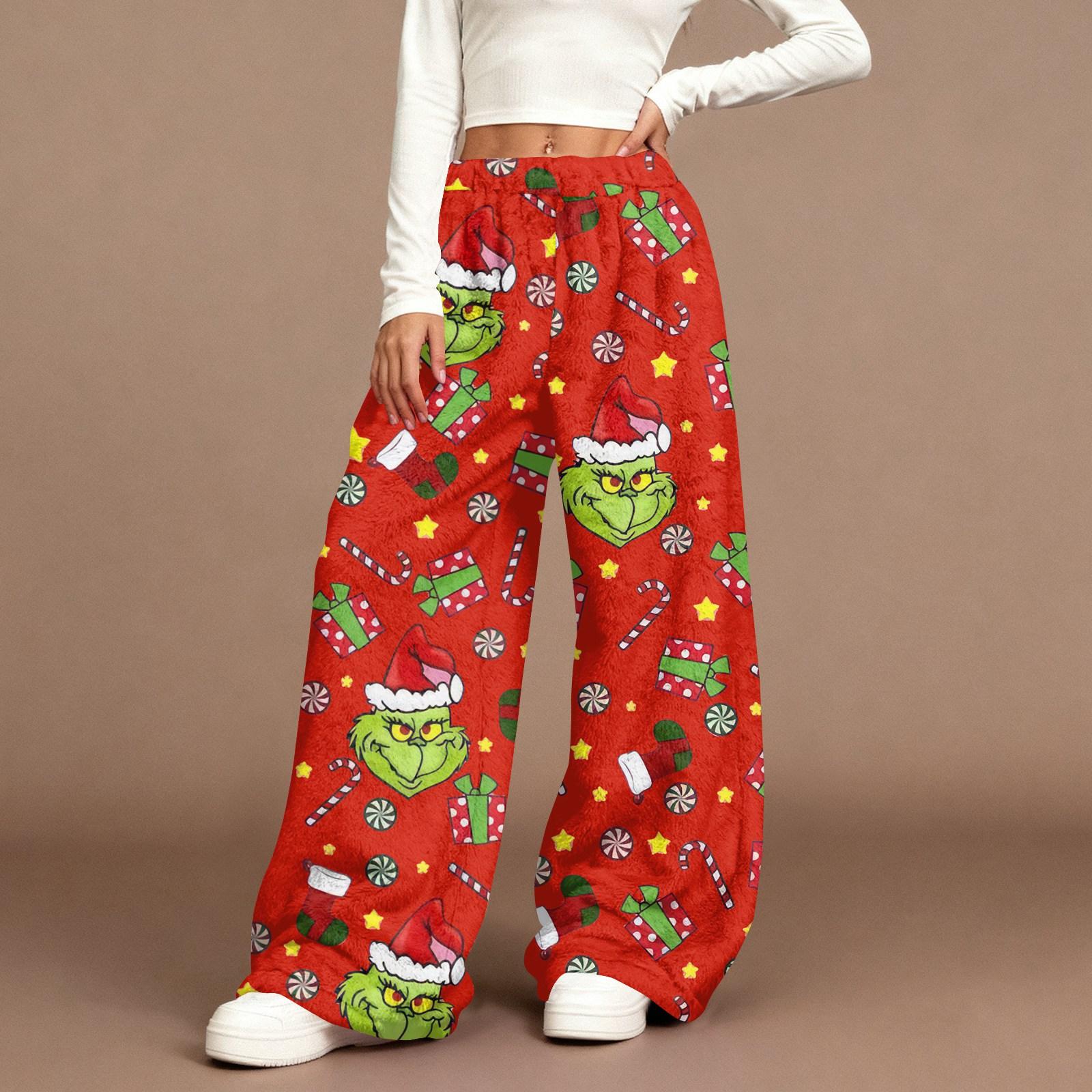 

Женские повседневные модные брюки с рождественским принтом, эластичной талией, свободные, плюшевые, с широкими штанинами L винный