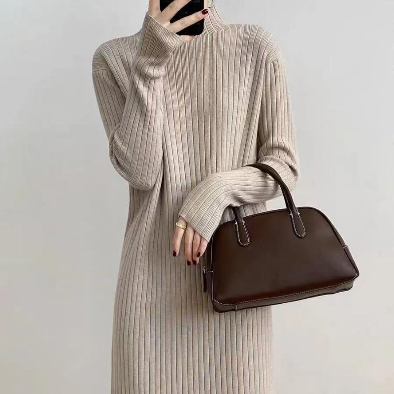Otoño Invierno Nuevo Color Sólido Cuello Medio Alto Manga Larga Moda Vestido de Punto Mujer Alta Calle Vestidos Casuales Elegante Bata