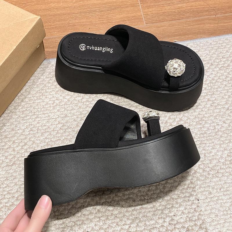 Fashion Women High Platform Slippers New 2025 Summer Beach Flip-Flops Ladies 8CM Wedge Heels Flock Shoes Woman Outside Chunky Sandals