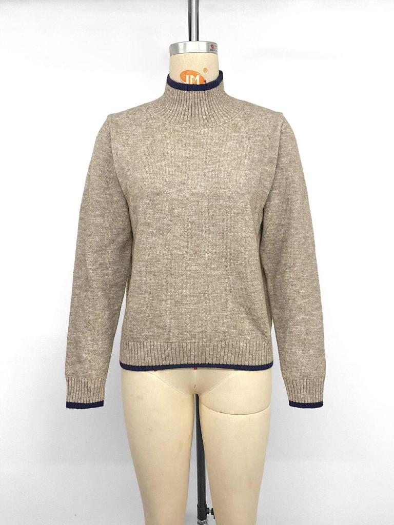 Women's Color Block Trim Pullover High Collar Sweater - European and American Fashion Knitwear