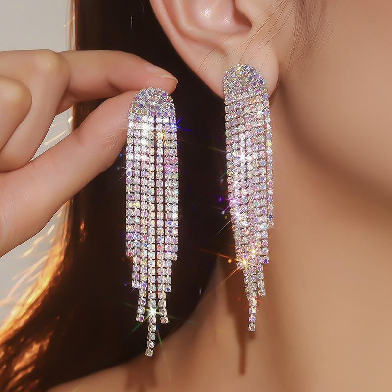 European and American Long Fringed Rhinestone Exaggerated Earrings, Earrings, Personalized Women's Earrings