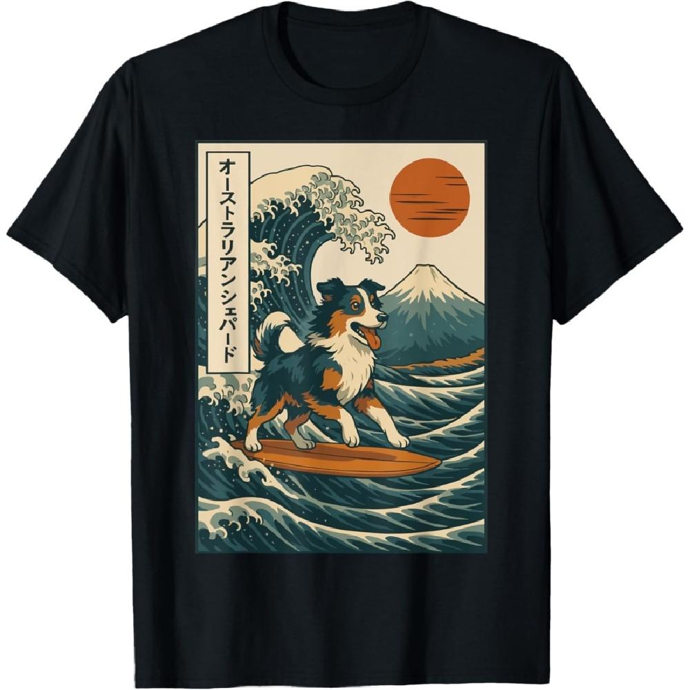 

Australian Shepherd Surfing Japanese Wave T-Shirt S