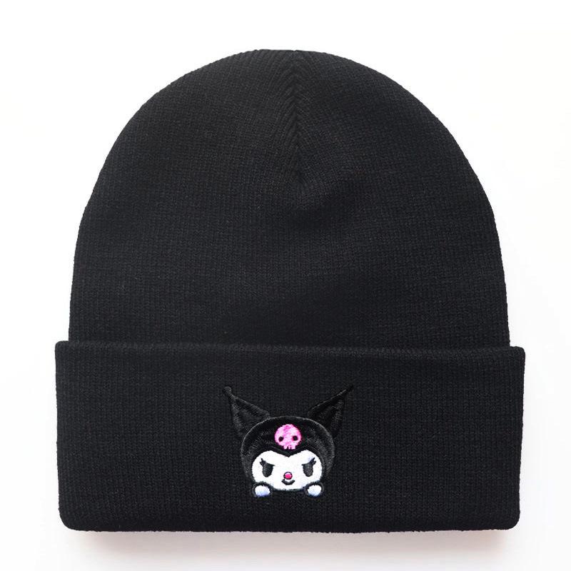 Men's and Women's Autumn and Winter Cartoon Knitted Hats with Kuromi Embroidery, Warm Beanie Hats for Students