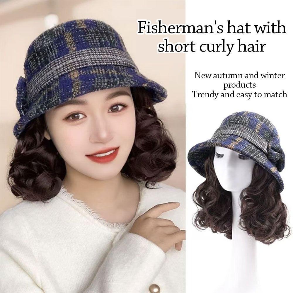

With Curly Hair Fisherman Hat With Wig Bowknot Warm Fisherman Cap Wig Bucket Hat Women Dark brown хакі