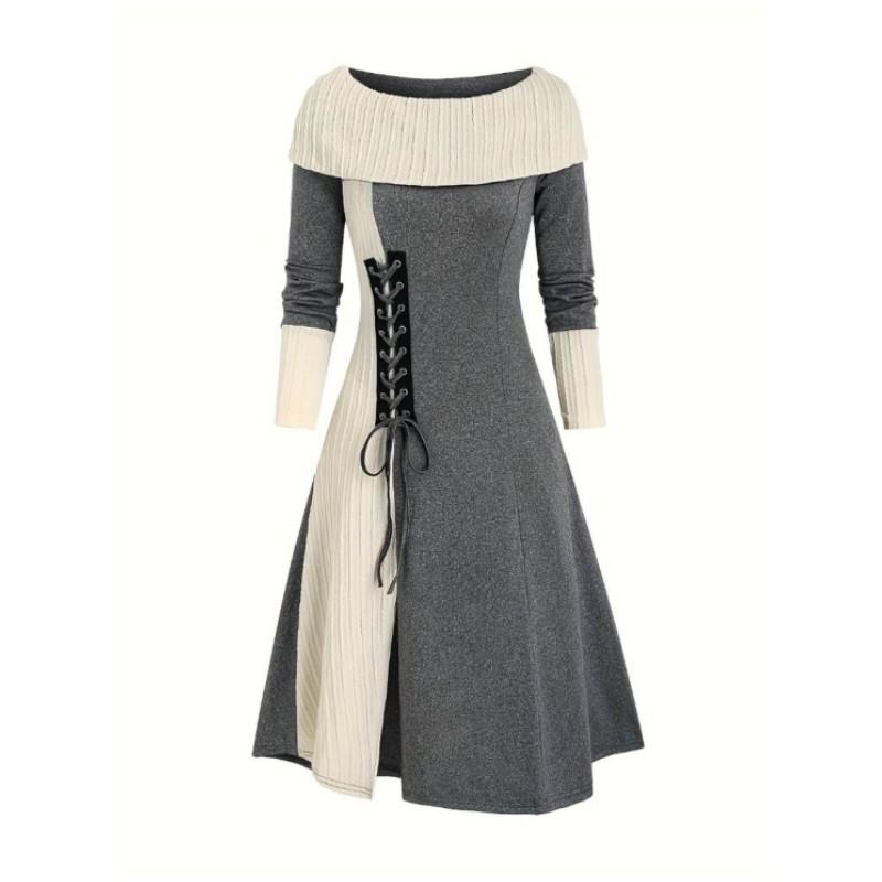 Women's Spring and Autumn One Collar Color Contrasting Dress