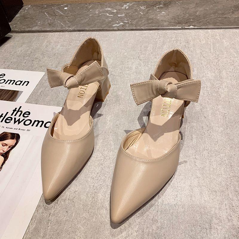 Baotou bow 5cm pointed head hollow high heels women's thick heel 2025 spring and summer new temperament single shoes middle heel