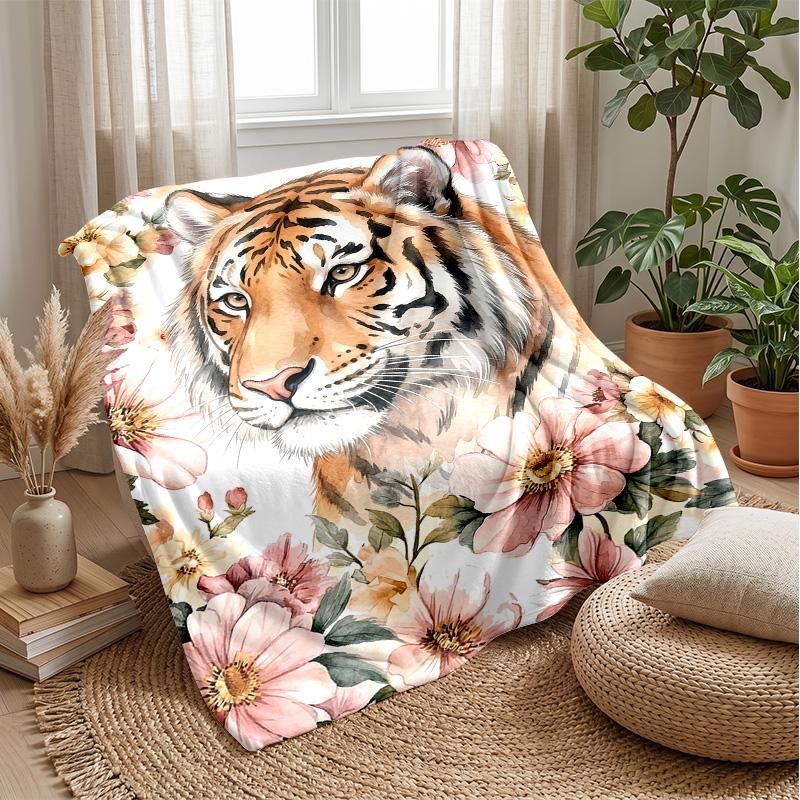 Tiger amidst floral splendor Theme blanket Lightweight Warm Flannel Blanket Decorative Throw Blanket for Home Decoration