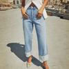 Women Baggy Jeans High Waisted Wide Leg Denim Pants Stretchy Cuffed Hem Straight Boyfriend Jeans