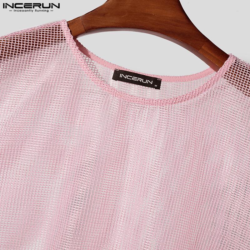 INCERUN Summer Men Sleeveless Mesh Sheer Hollow Out Side Lace-up Party High Low Tank Tops