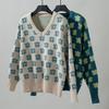 Pullover Print Vintage Long Sleeve Sweater Knitwear Loose V-Neck Top for Autumn Winter