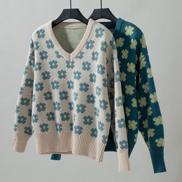 Pullover Print Vintage Long Sleeve Sweater Knitwear Loose V-Neck Top for Autumn Winter