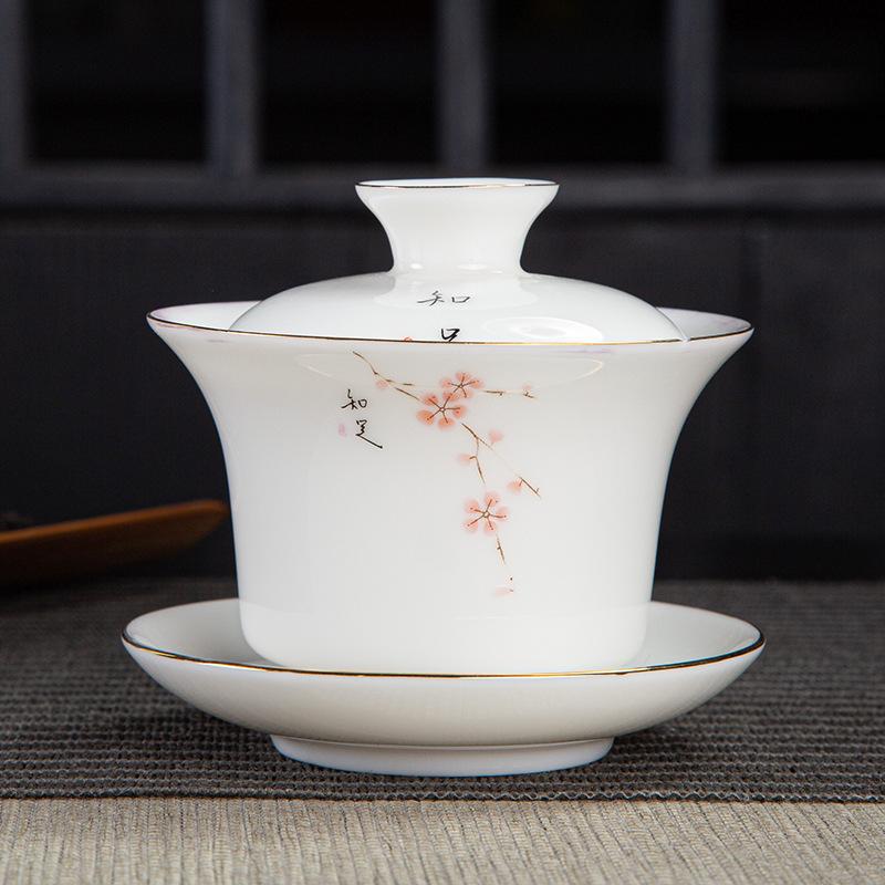 HMLOVE Mutton-fat Jade White Porcelain Sancai Gaiwan Color Enamel Cover Bowl Lid Saucer Handmade Tea Tureen Teaware Sets 160ML