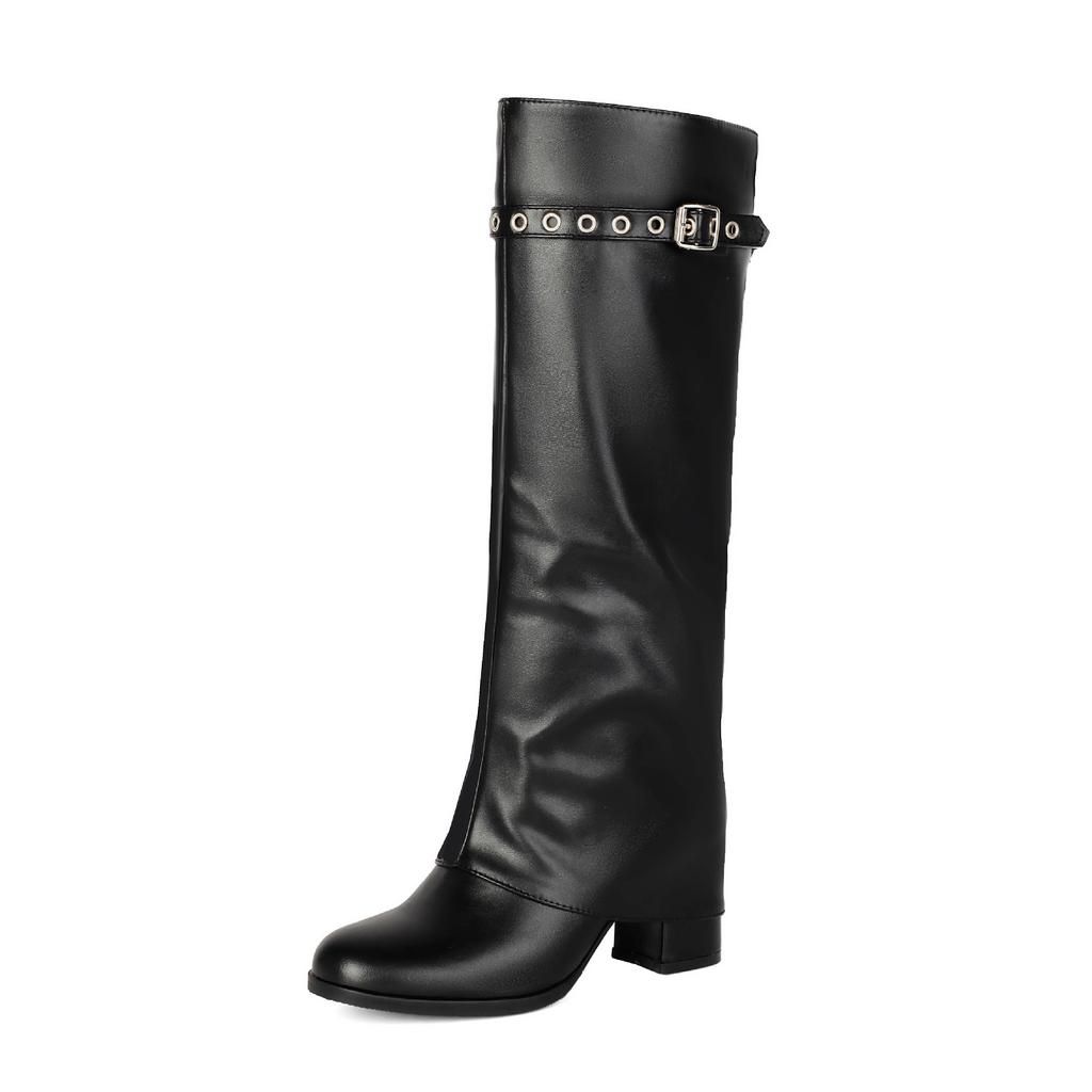 Trend Pleated Stacked Boots Pants Tube Boots Belt Buckle Rivet High Tube Thick High Heel Western Boots 40-43 Large Size